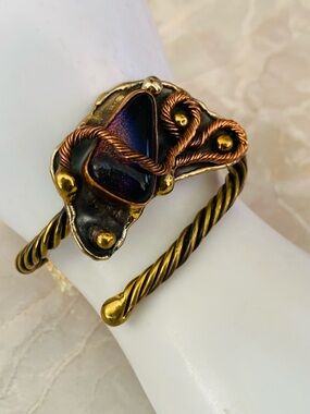 Brutalist Brass & Copper Twisted Cuff Bracelet with Iridescent Glass Accent